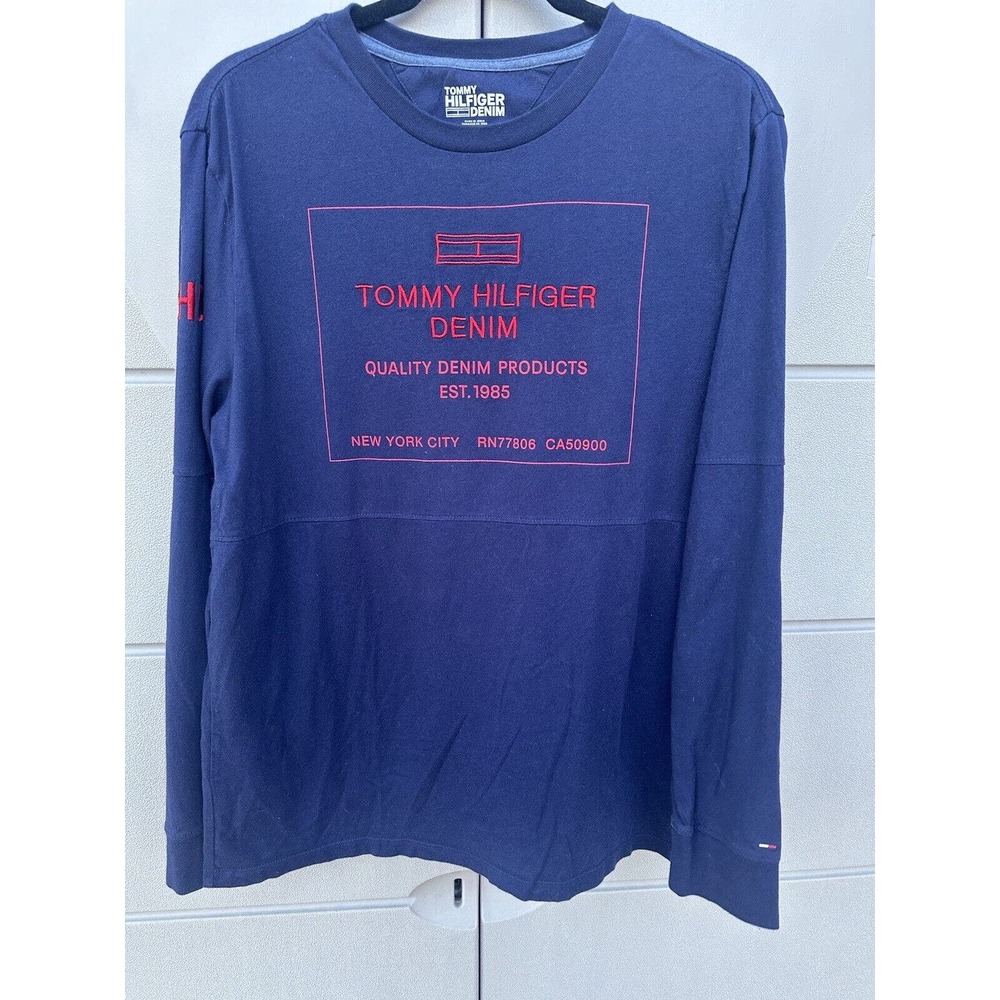 Tommy Hilfiger Denim Men's Blue Cotton Logo Stamp Long Sleeve T-Shirt Tee Sz M